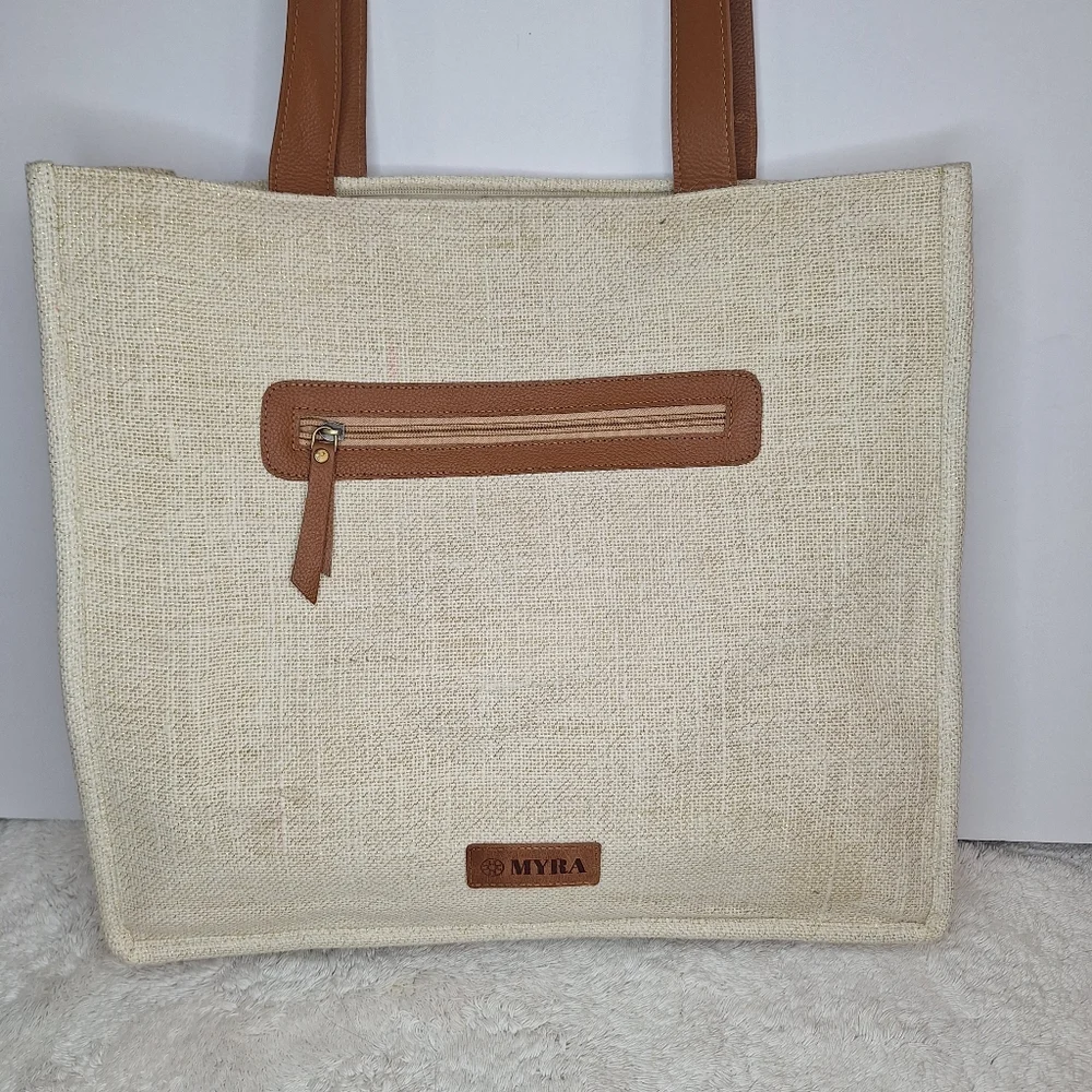 MYRA Chevron Patterned Tote Bag with Leather Straps